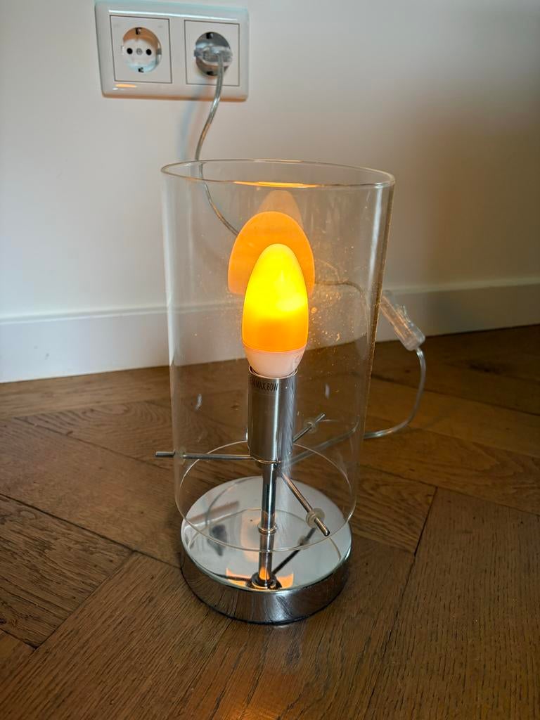 Moderne tafellamp met glazen cilinder en E14 fitting, Ophalen, Gebruikt, Glas