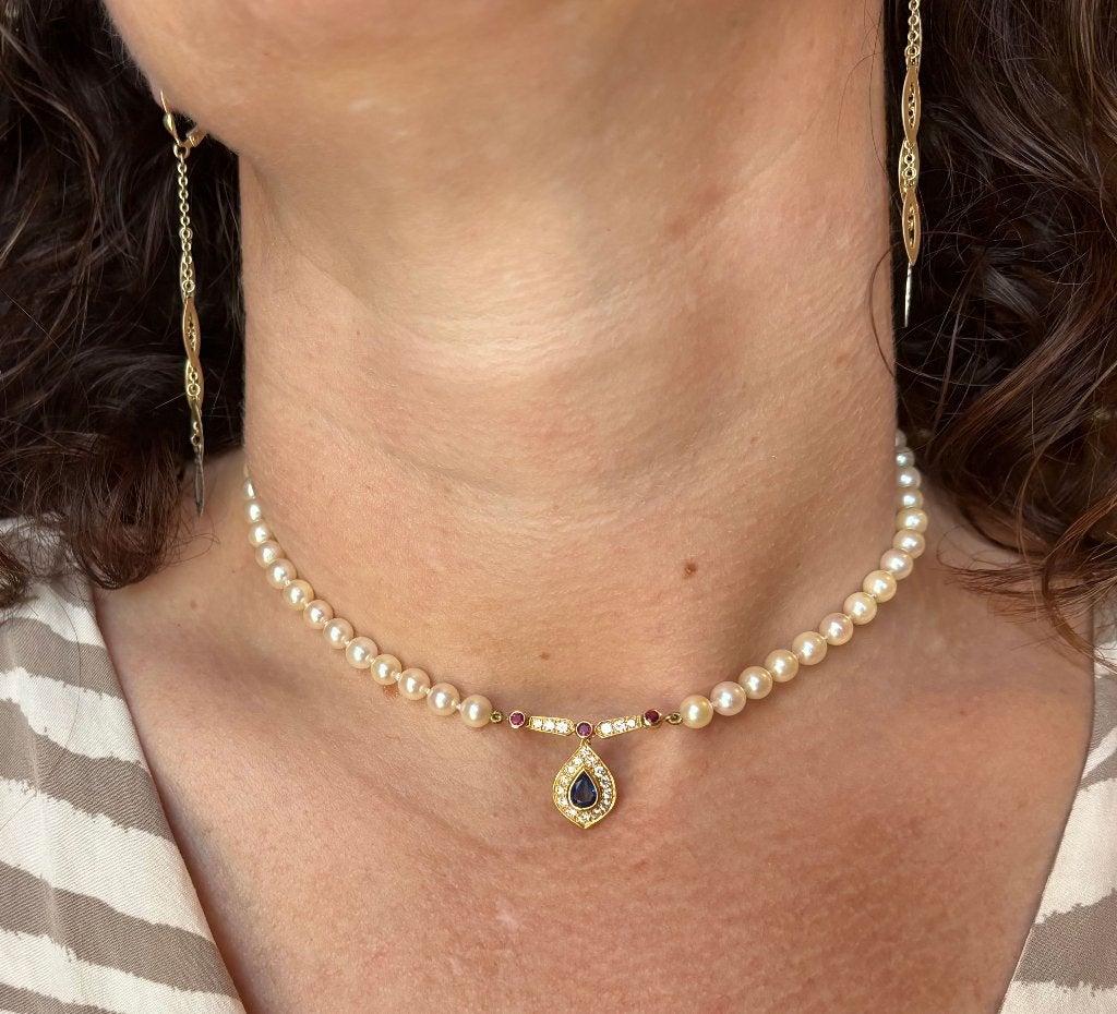 Akoya parel ketting diamant robijn saffier hanger 14k goud