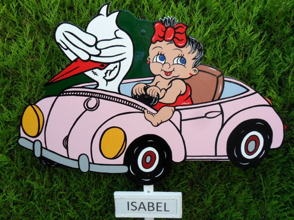 Geboortebord baby en ooievaar in roze auto, met naambordje., Ophalen, Nieuw, Geboortebord