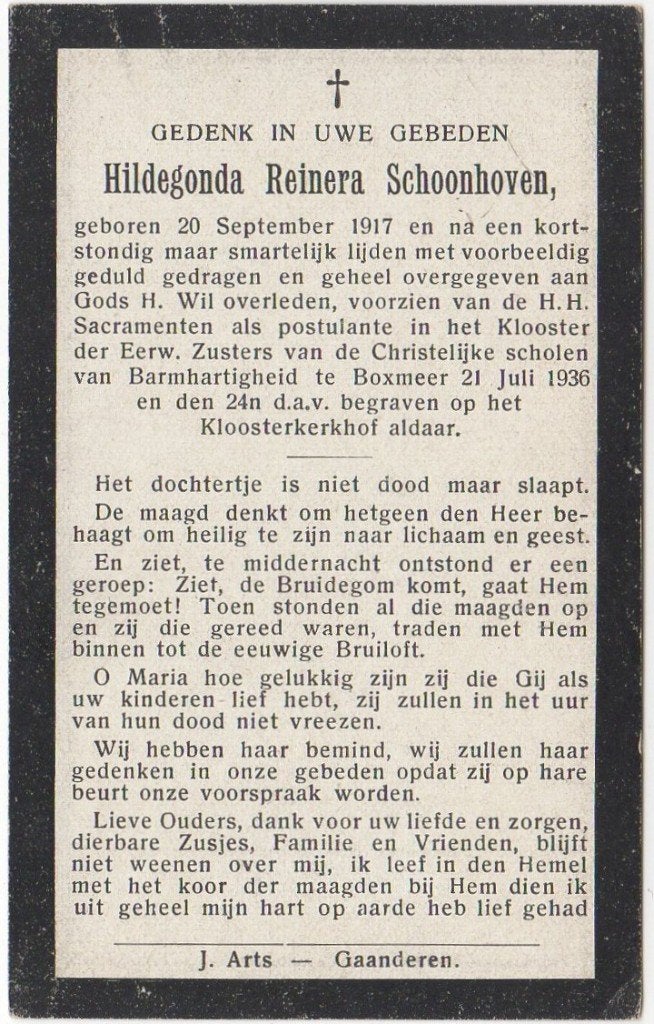 Hildegonda R. Schoonhoven 1917 Doetichem + 1936 Boxmeer, Ophalen of Verzenden