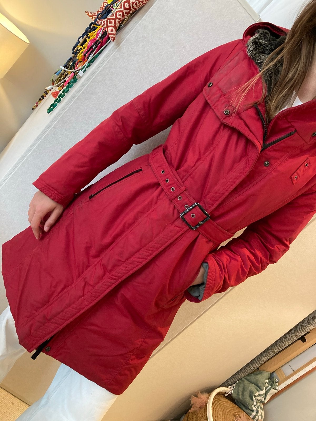 Blauer USA rode winterjas met ceintuur - Maat M, Ophalen of Verzenden, Gedragen, Maat 38/40 (M), Rood