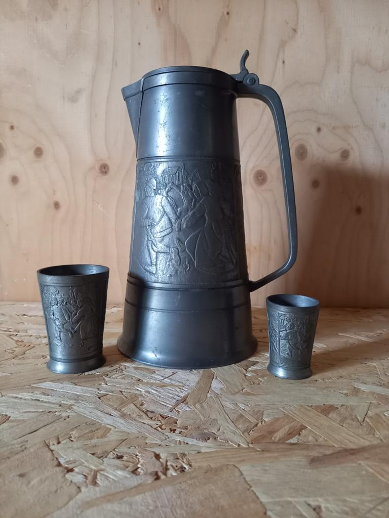 Tinnen bierkan en bekers - Royal Holland Daalderop, Antiek en Kunst, Antiek | Tin, Ophalen of Verzenden