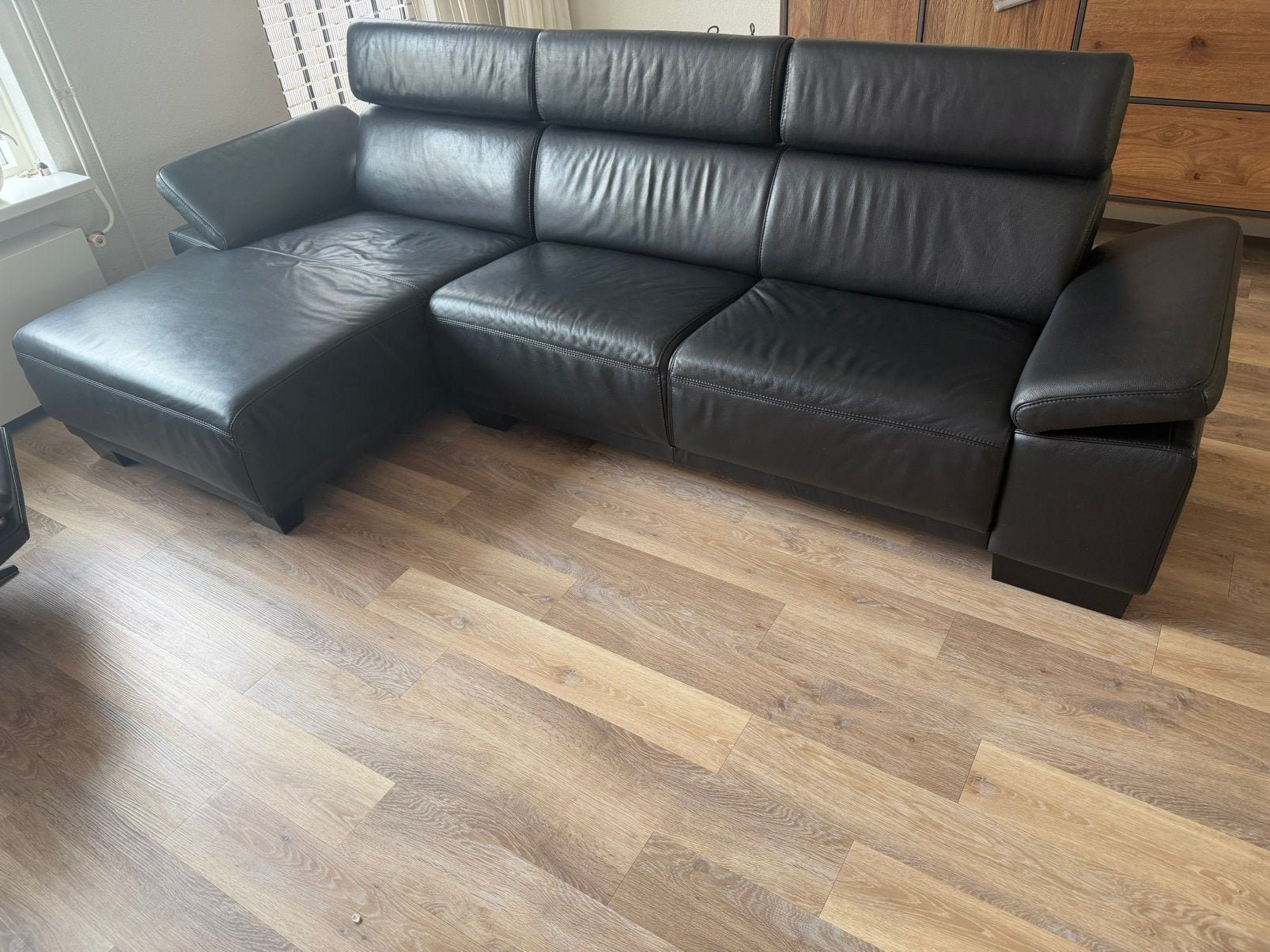 Mooie zwart leren bankstel met lounge gedeelte, Ophalen, Gebruikt, Leer
