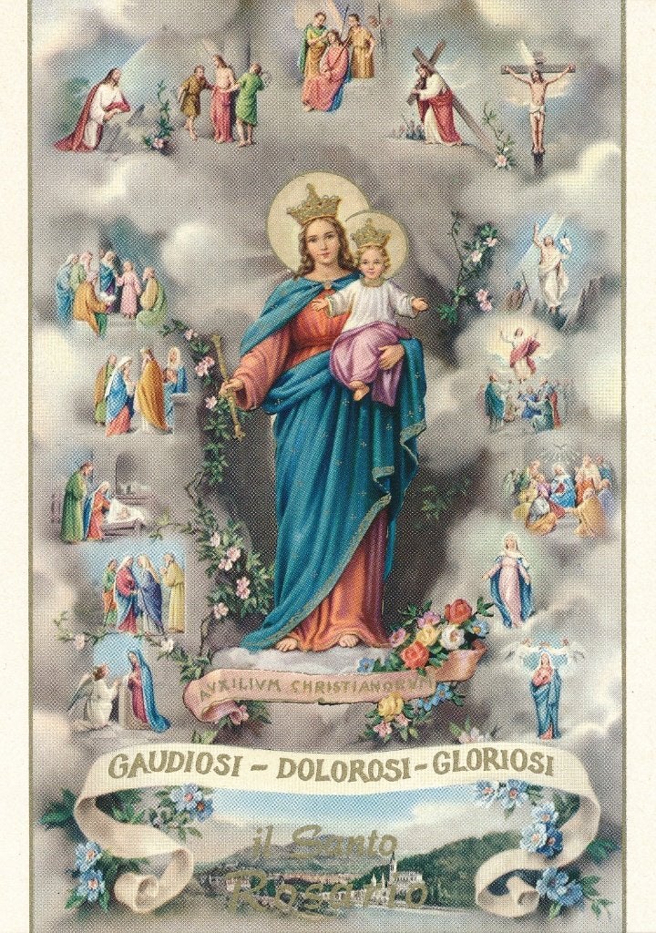 Mooie Kaart van Maria met Kind rondom de geheimen rozenkrans, Ophalen of Verzenden, Zo goed als nieuw, Kaart of Prent, Christendom | Katholiek