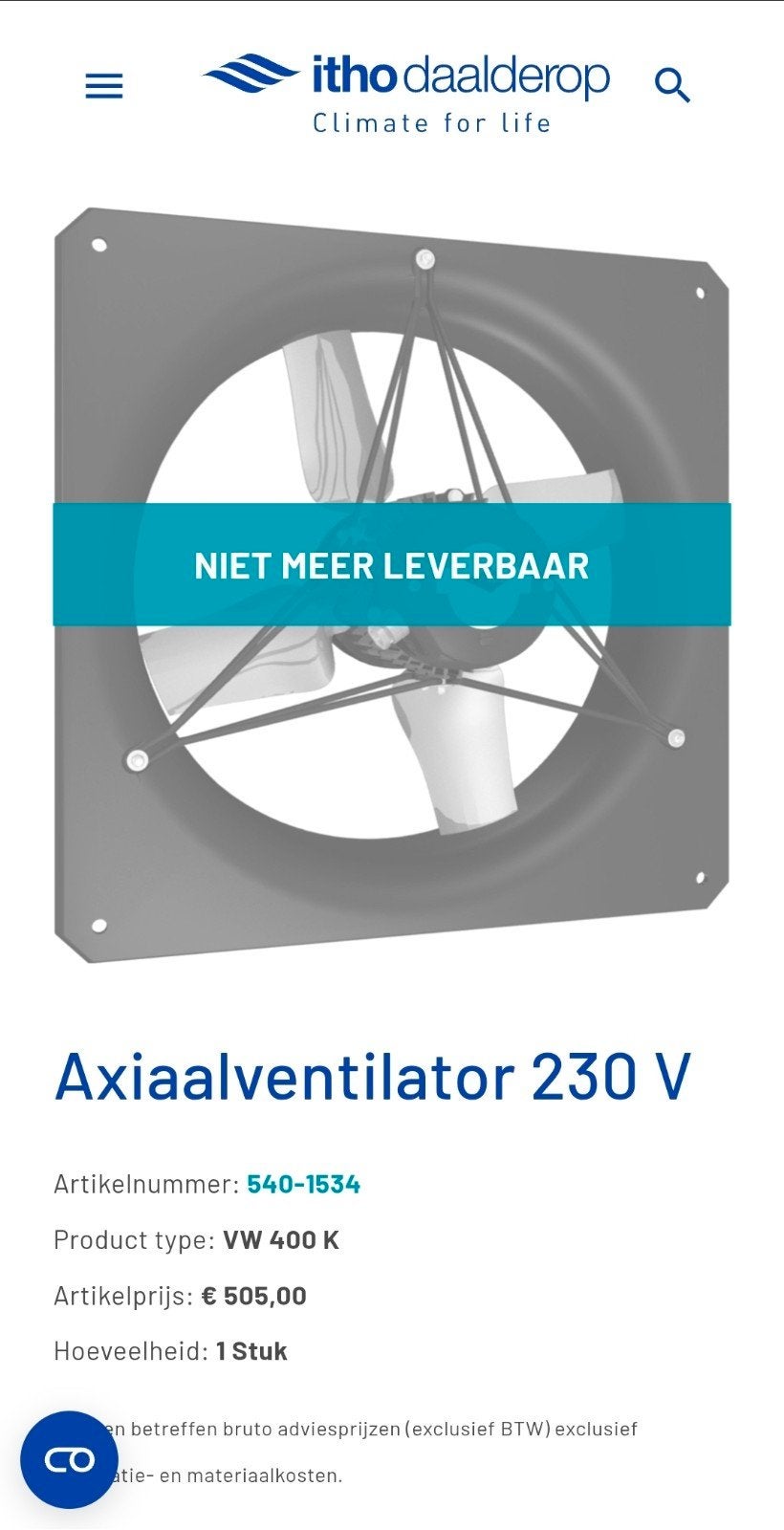 Itho Daalderop VW 400 K Axiaalventilator/Wandventilator, Ophalen of Verzenden, Gebruikt, Ventilator