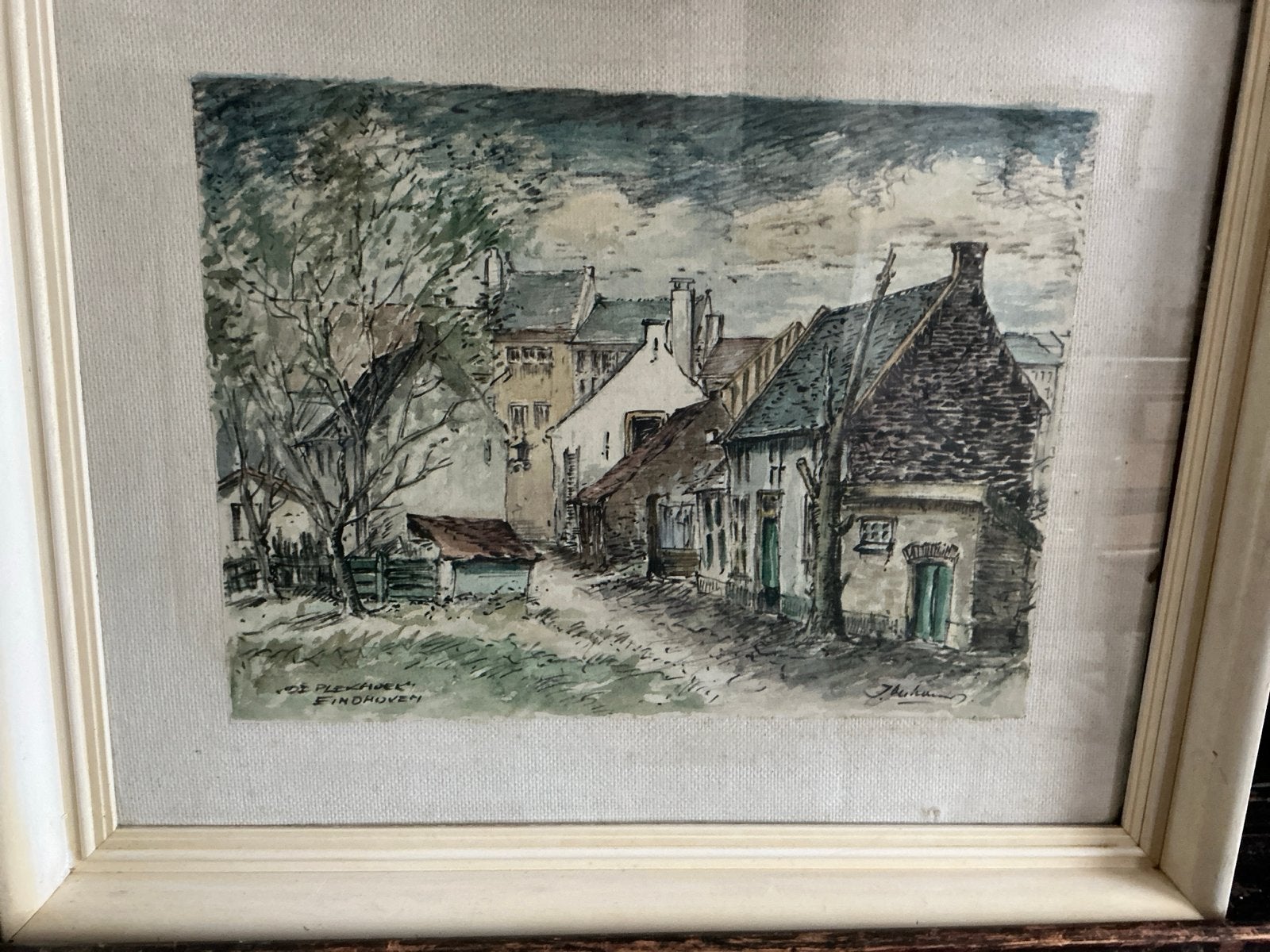 Aquarel 'De Plekhoek, Eindhoven' gesigneerd ., Antiek en Kunst, Kunst | Schilderijen | Klassiek, Realistisch, Ophalen of Verzenden