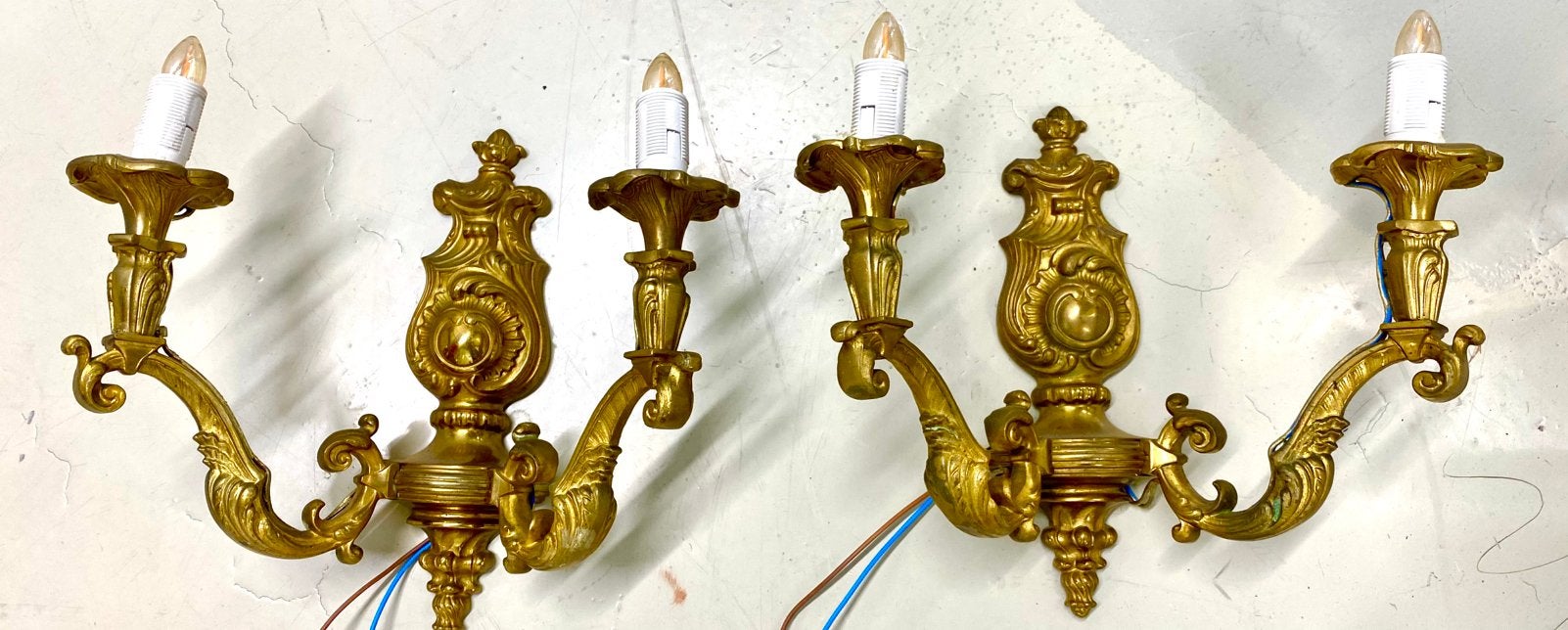 Set van 2 Zware Messing Wandlampen – Barokstijl, Ophalen of Verzenden