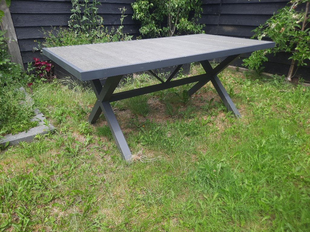 TE KOOP ALU TUINTAFEL MET STENEN BLAD, Ophalen, Gebruikt, Rechthoekig, Aluminium