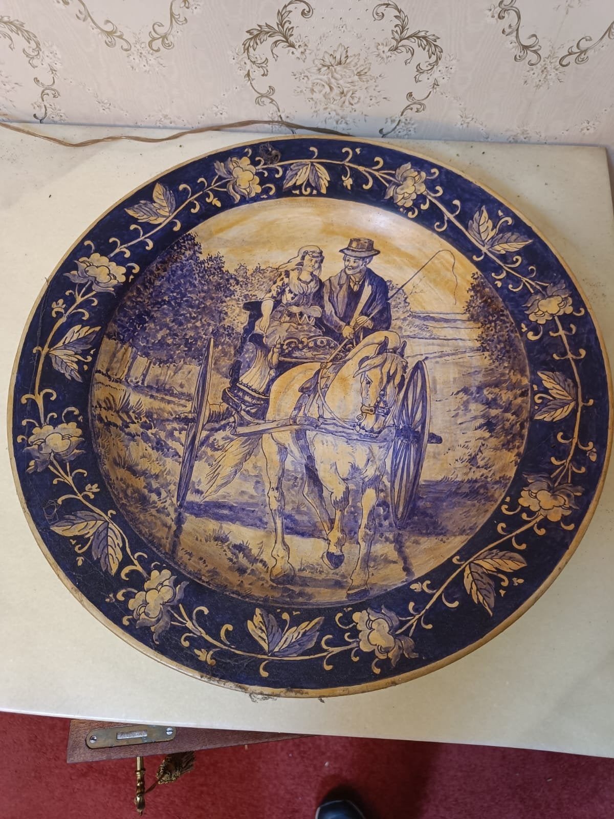 Vintage Delfts Blauw Wandbord - Koets met Paard, Ophalen