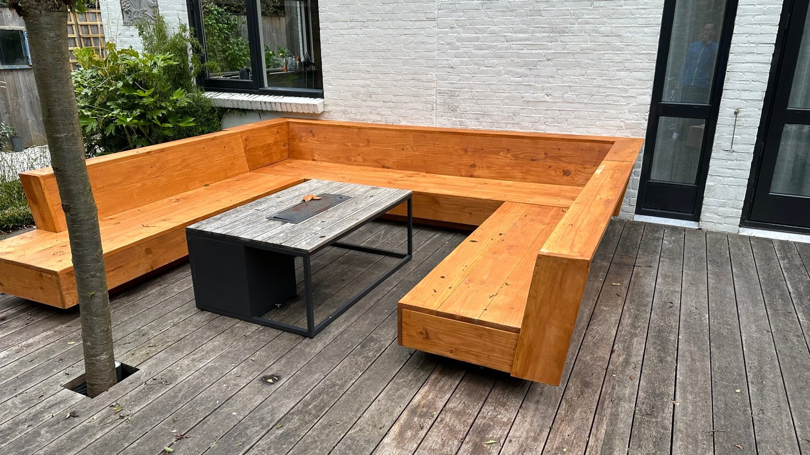 Houten loungeset met kussens. (Zonder salontafel), Ophalen, Gebruikt, Meer dan 8 zitplaatsen, Loungeset