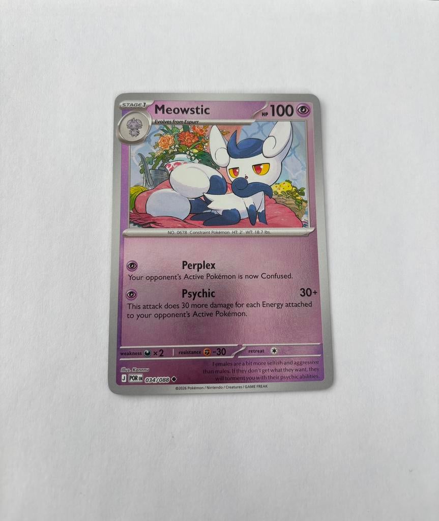 Pokemon Meowstic 034/088 POR reverse holo, Ophalen of Verzenden, Nieuw, Losse kaart, Foil