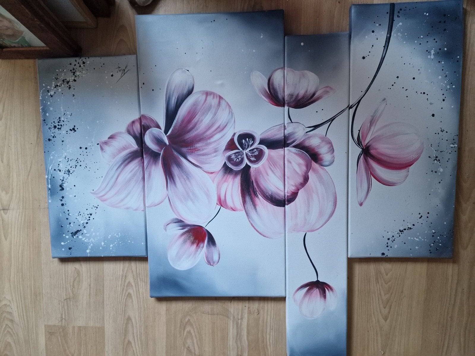 Modern bloemenschilderij op 4 panelen, Bloemen, Acrylverf, Ophalen of Verzenden, Handgeschilderd