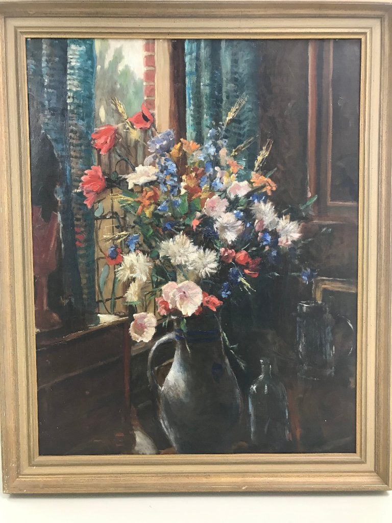 olieverf linnen stilleven bloemen in tinnen kan 19 eeuw, Doek, Origineel werk, Olieverf, Klassiek