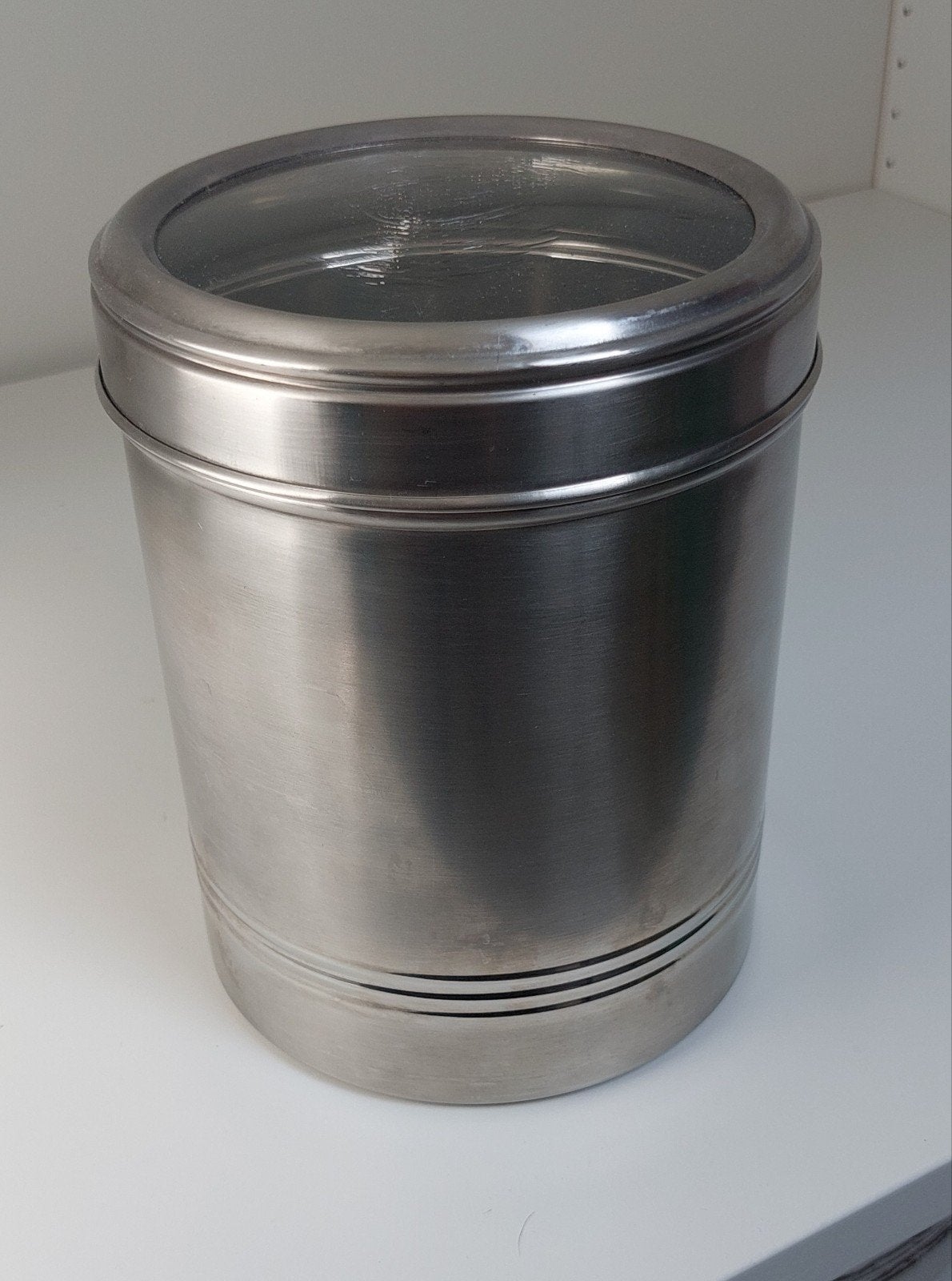 Metalen voorraadpot met deksel, Ophalen, Gebruikt, Zilver, Voorraadpot