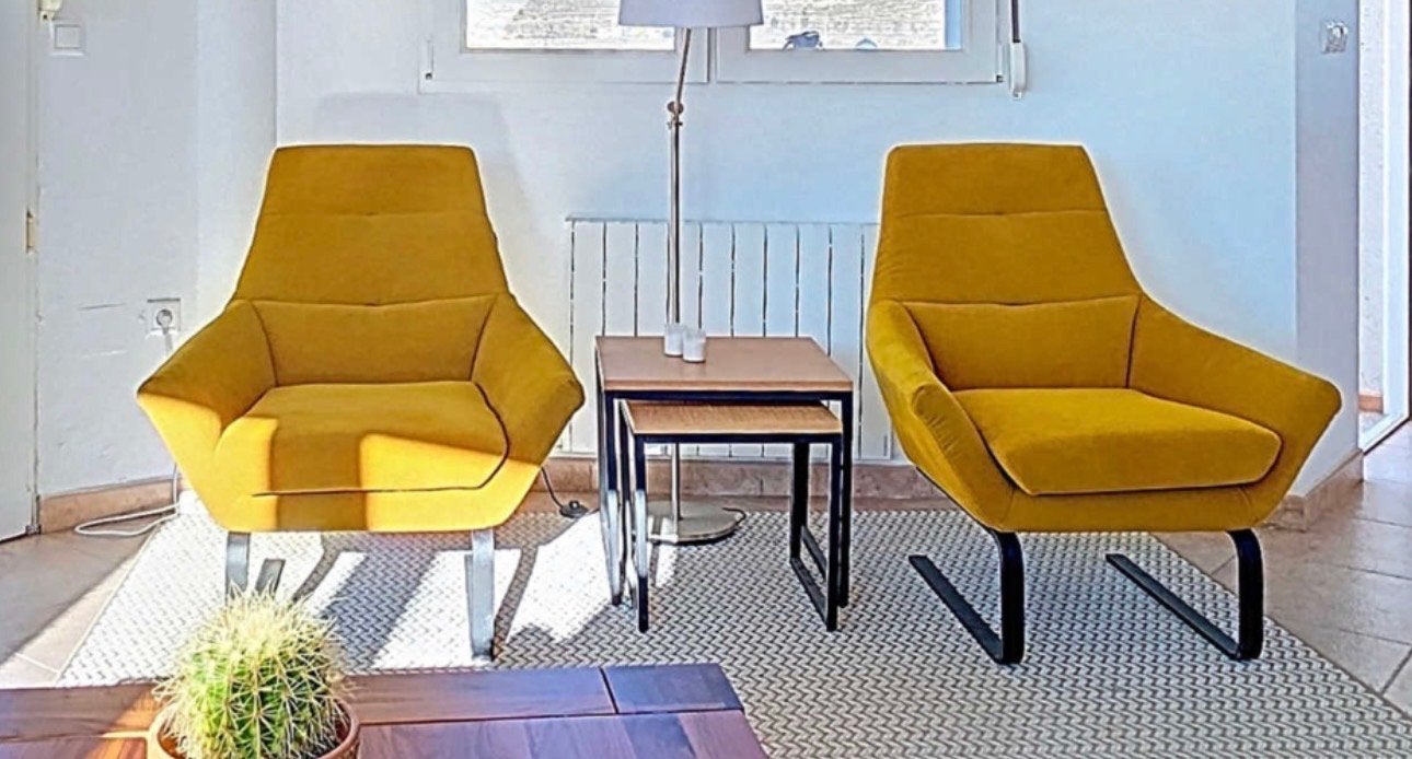 Set van 2 moderne gele fauteuils, 75 tot 100 cm, Ophalen of Verzenden, Zo goed als nieuw, Stof