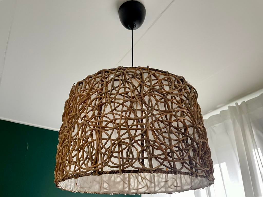 Set van 3 hanglampen rotan, Huis en Inrichting, Lampen | Hanglampen, Ophalen, Zo goed als nieuw, Hout, Minder dan 50 cm