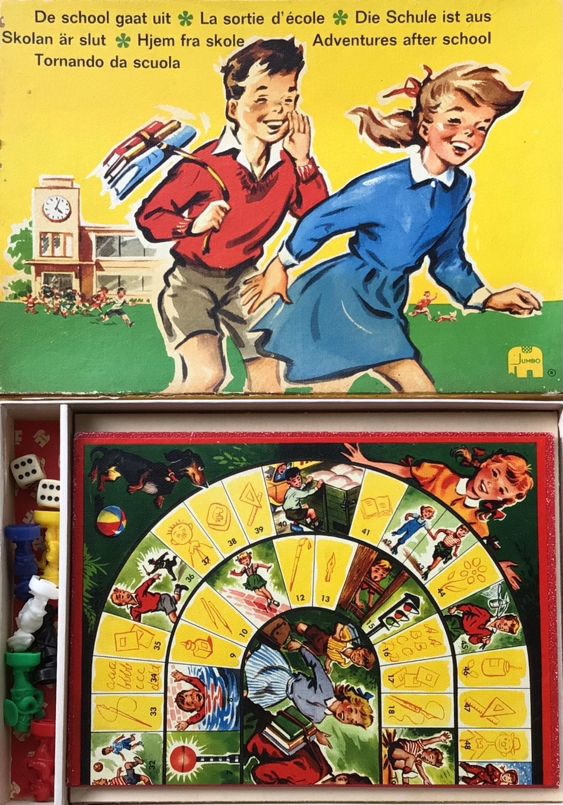 Nostalgisch jaren 60 bordspel: “De school gaat uit!” (Jumbo), Ophalen of Verzenden, Gebruikt