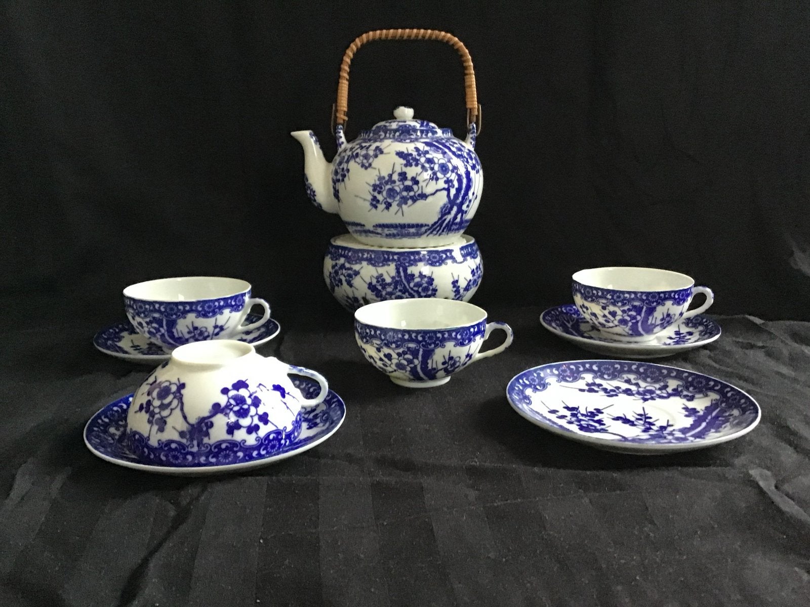 Vintage Japans Geisha kersenbloesem theeservies Blauw, Antiek en Kunst, Antiek | Servies compleet, Ophalen of Verzenden