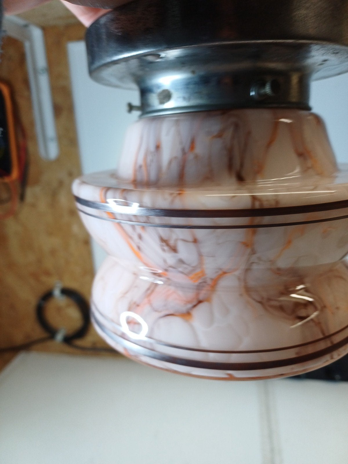 Art Deco Plafonnière met Roze Oranje Gemarmerd Glas, Ophalen of Verzenden