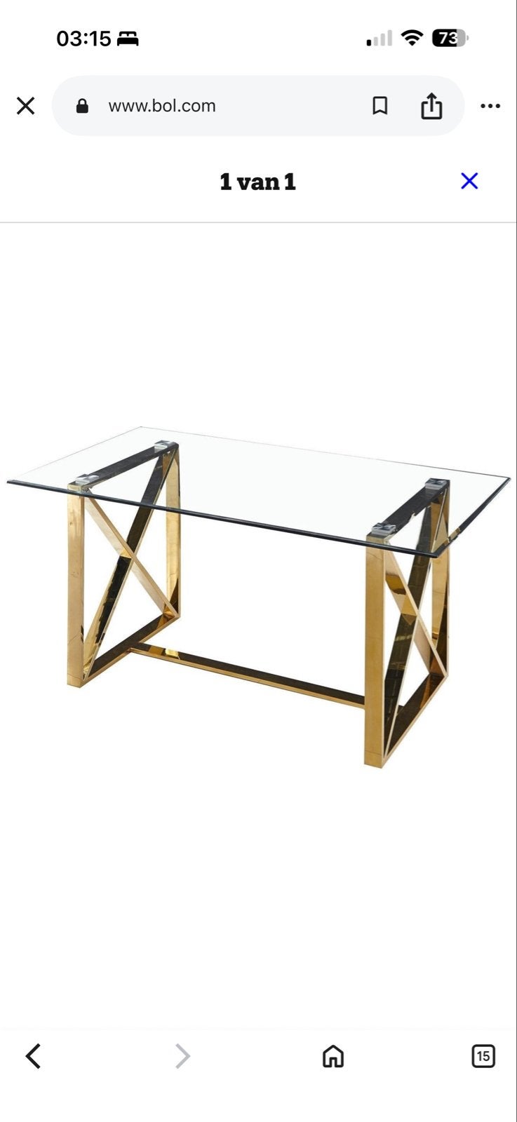 Moderne eettafel met glazen blad en gouden zonder stoelen, Huis en Inrichting, Tafels | Eettafels, 100 tot 150 cm, Vier personen