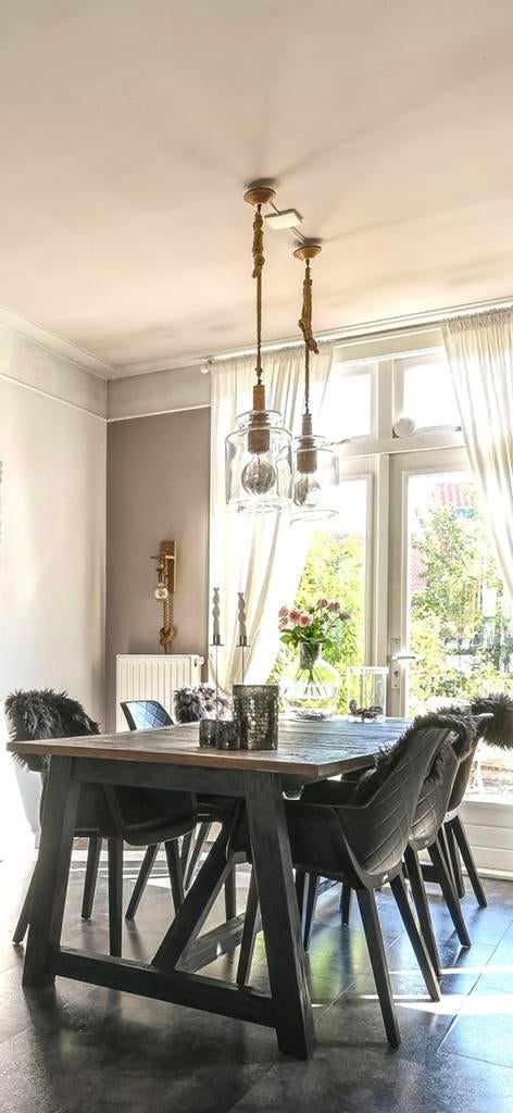 2x Riviera Maison hanglampen van glas met hout/touw, Ophalen, Zo goed als nieuw, Glas, Minder dan 50 cm