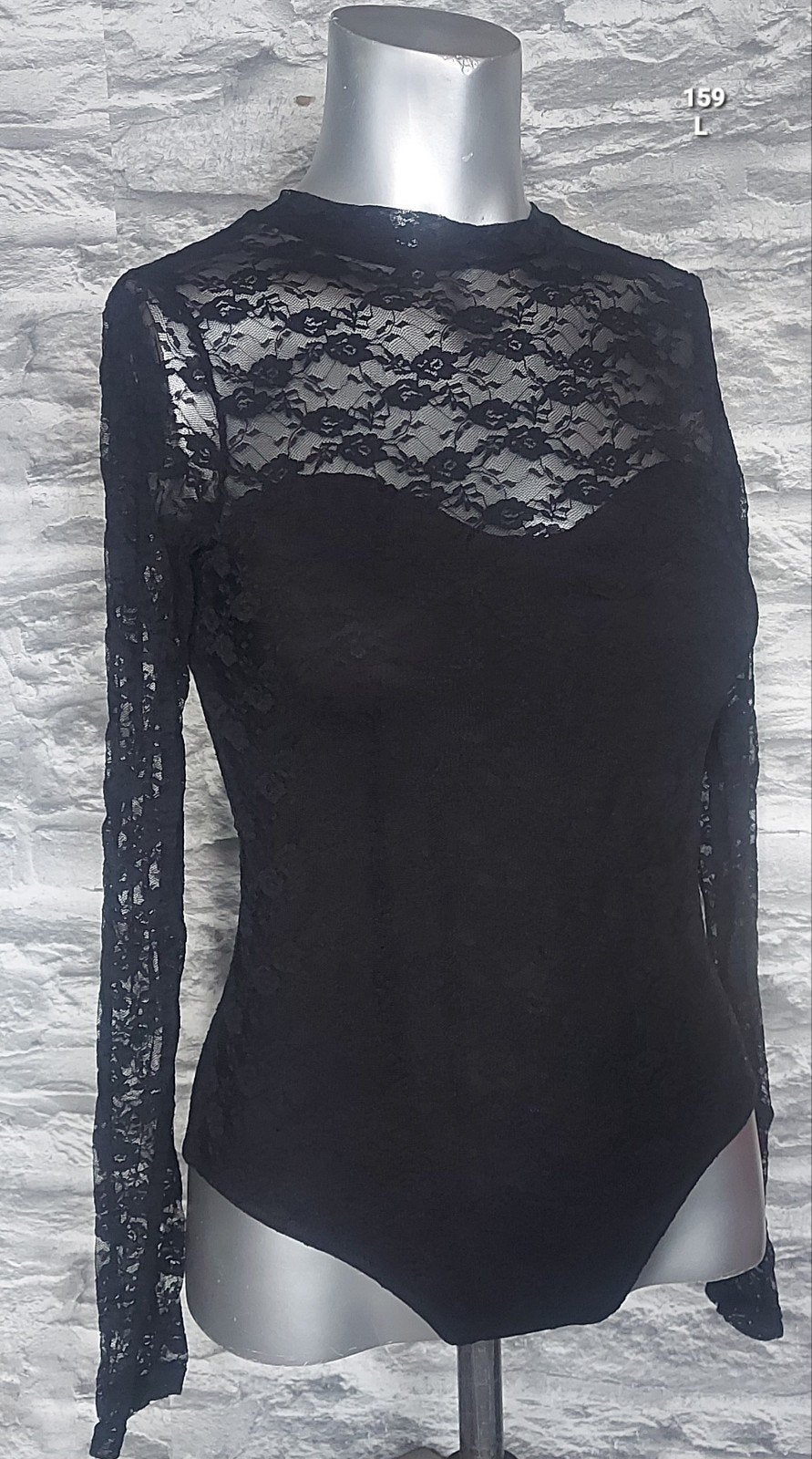 Zwarte kanten stringbody met lange mouwen en open rug, Onbekend, Ophalen of Verzenden, Zwart, Body of Korset