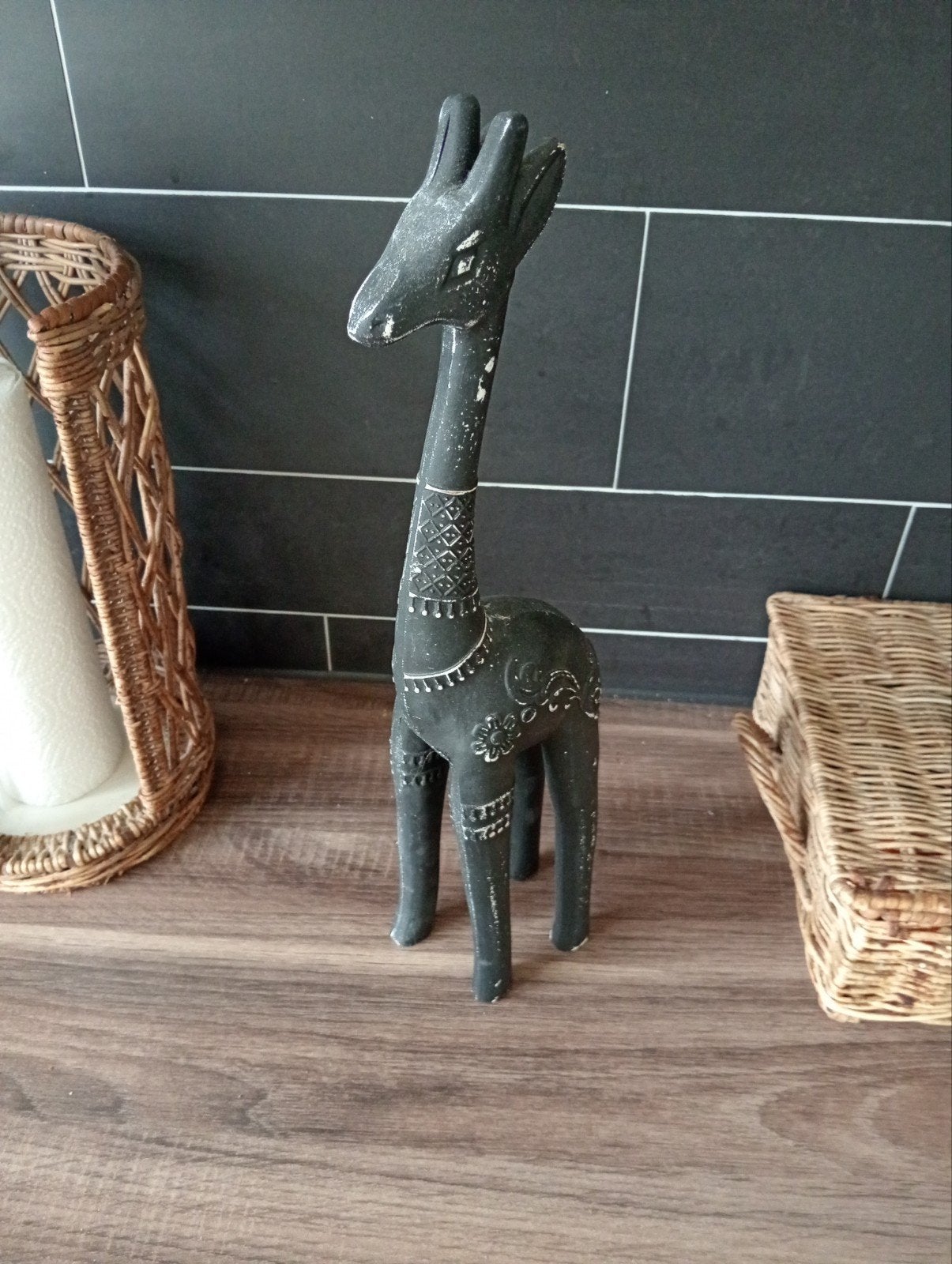 Decoratieve Giraffe Beeldje - Zwart met Zilveren Details, Overige materialen, Overige stijlen, Ophalen of Verzenden, Gebruikt