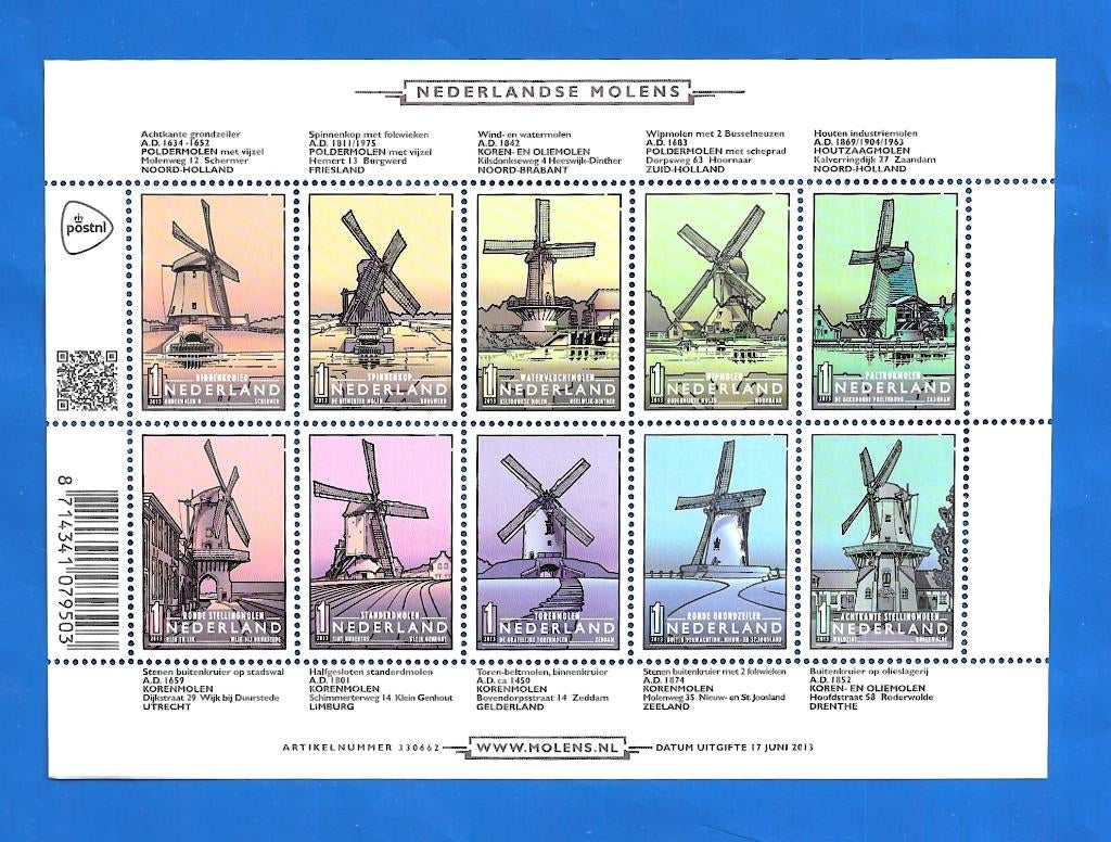 NVPH 3069-78 Vel Nederlandse Molens - 2013, Postzegels en Munten, Verzenden, Na 1940, Postfris