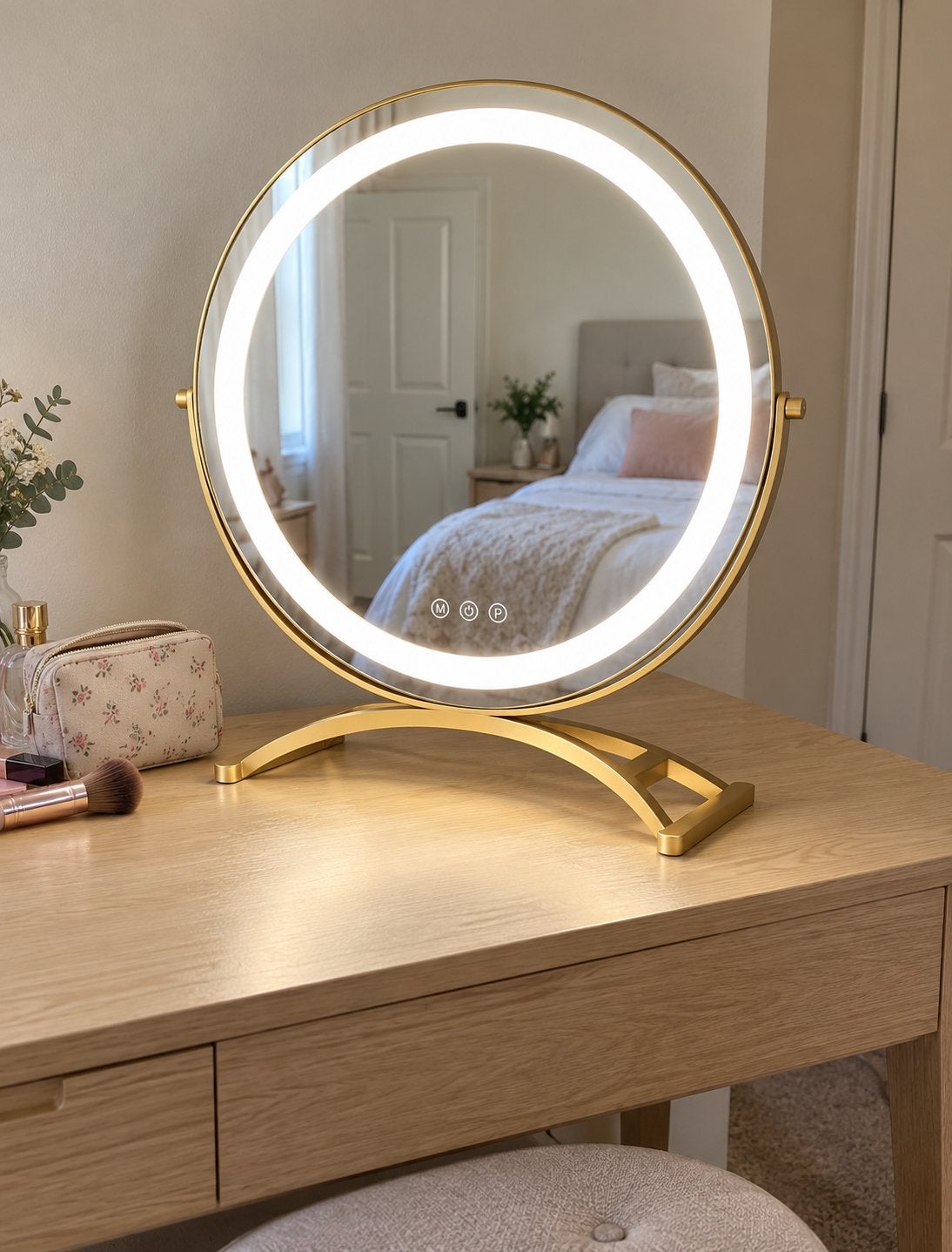 Gouden Make-up Spiegel met Verlichting - Rond, Antiek en Kunst, Ophalen of Verzenden, Rond, Minder dan 50 cm, Minder dan 100 cm