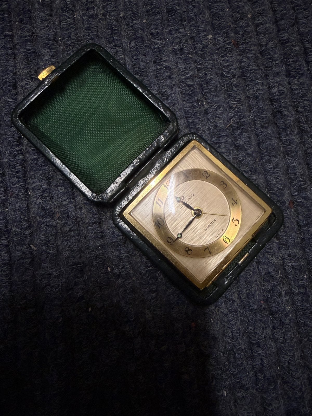 Vintage Junghans Silentic Reiswekker Leren Etui Duitsland, Ophalen of Verzenden
