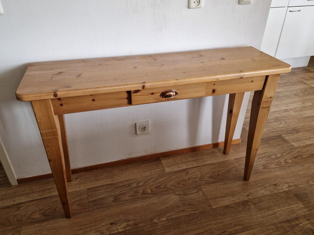 Houten sidetable met lade - Rustiek grenen, Ophalen, Gebruikt, 100 tot 150 cm, Rustiek