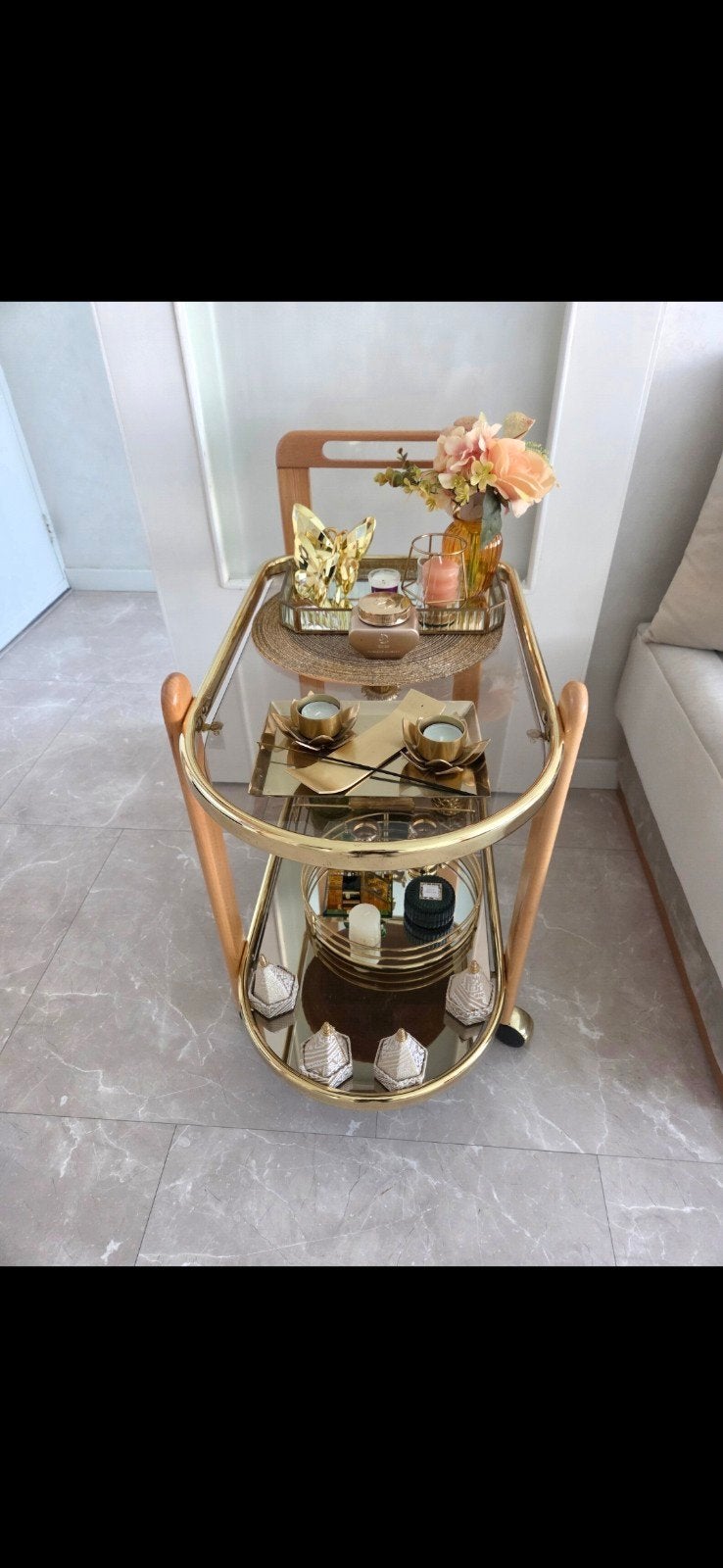 Luxe gouden serveerwagen met glazen platen, Ophalen of Verzenden, Zo goed als nieuw
