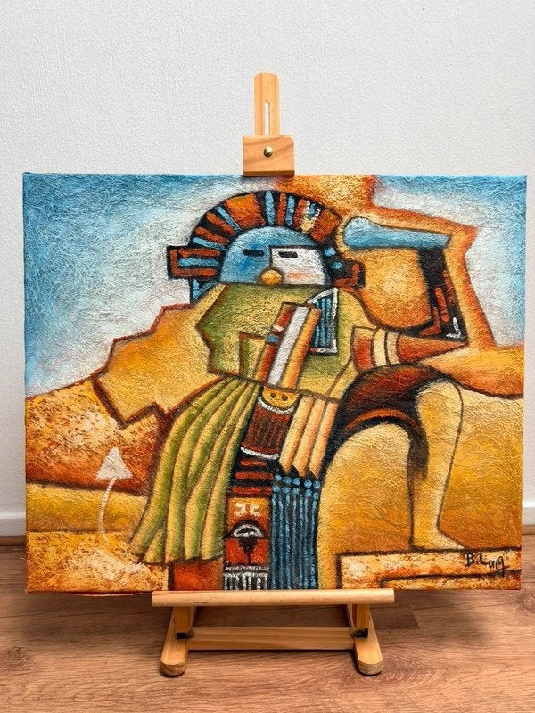 Gesigneerd B. Long mixed media schilderij abstract tribal 50, Ophalen of Verzenden