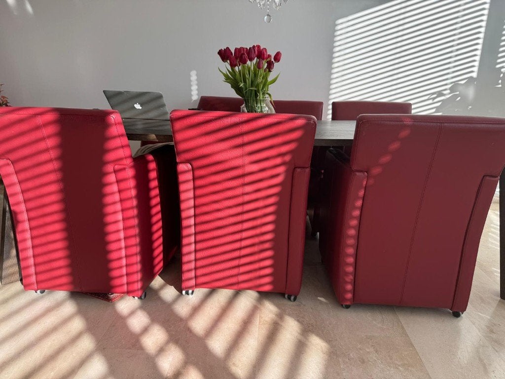 Mooie rode lederen stoelen, Ophalen, Gebruikt, Rood, Vijf, Zes of meer stoelen