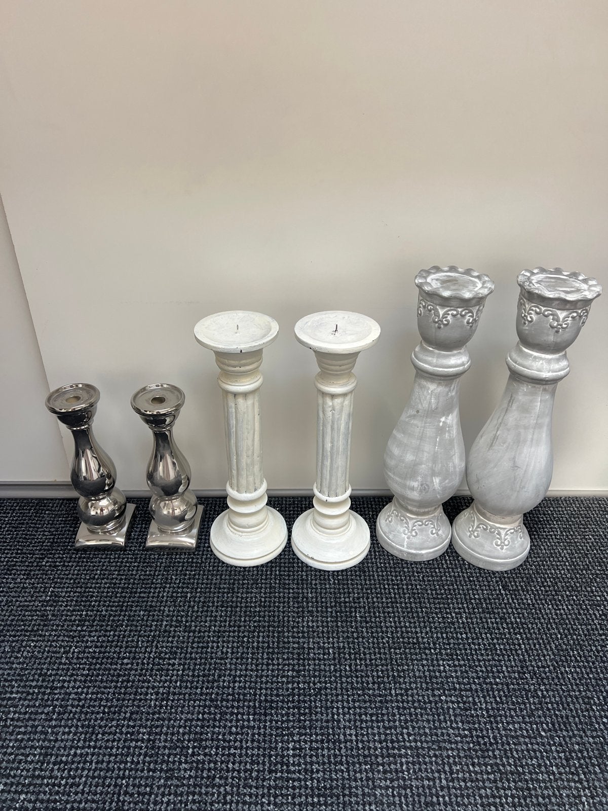 Set van 6 diverse kandelaars - Zilver, wit en grijs, Huis en Inrichting, Ophalen, Gebruikt, Metaal, Kandelaar