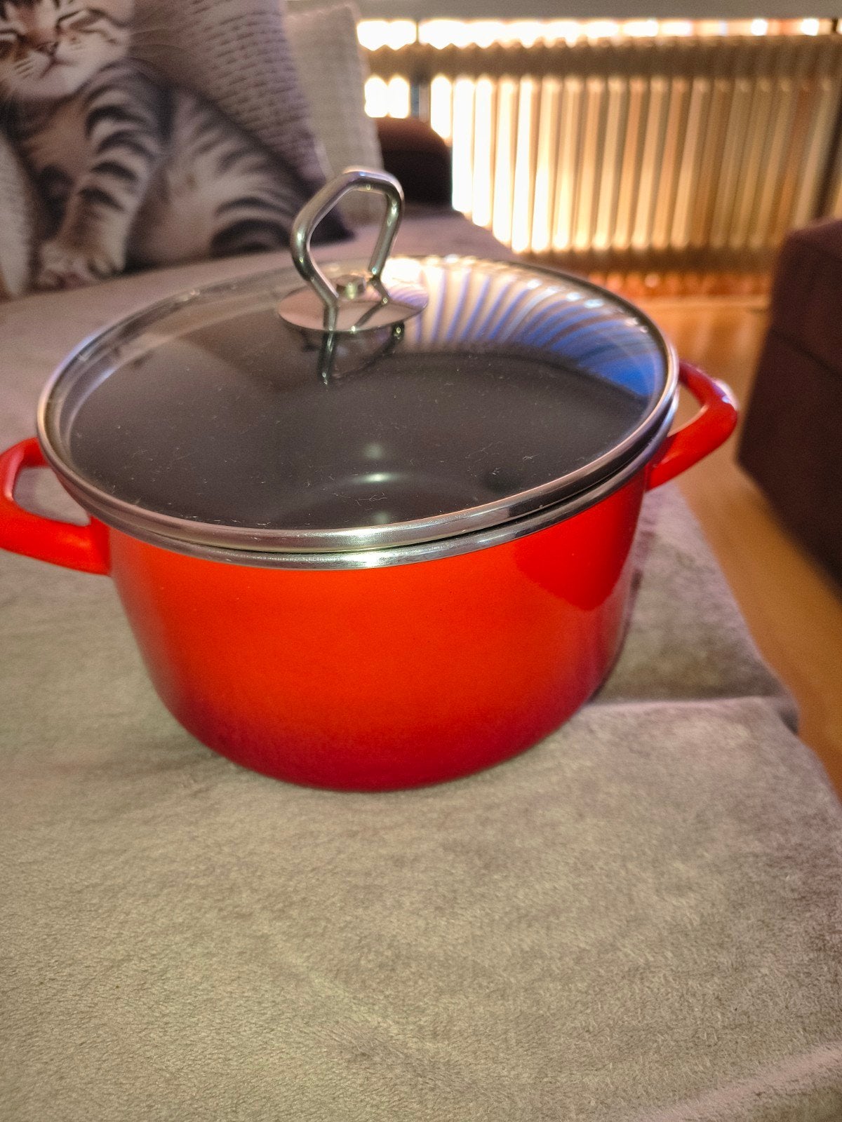 Mooie rode pan, Geschikt voor inductie, Ophalen of Verzenden, Zo goed als nieuw, Kookpan