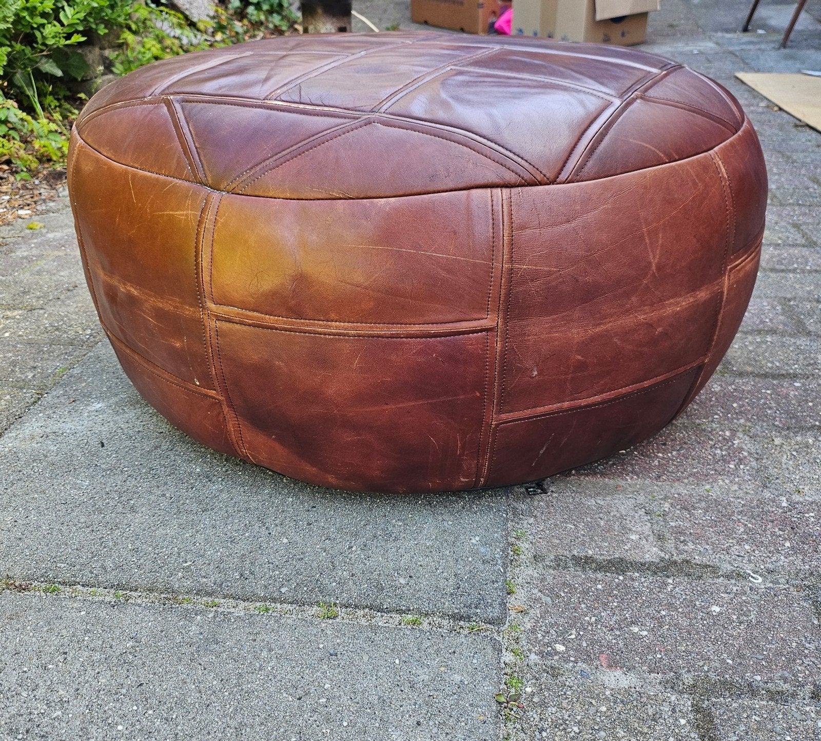 Grote leren poef, Ophalen, Gebruikt, 60, 70, Mid-century modern, Vintage,, Leer