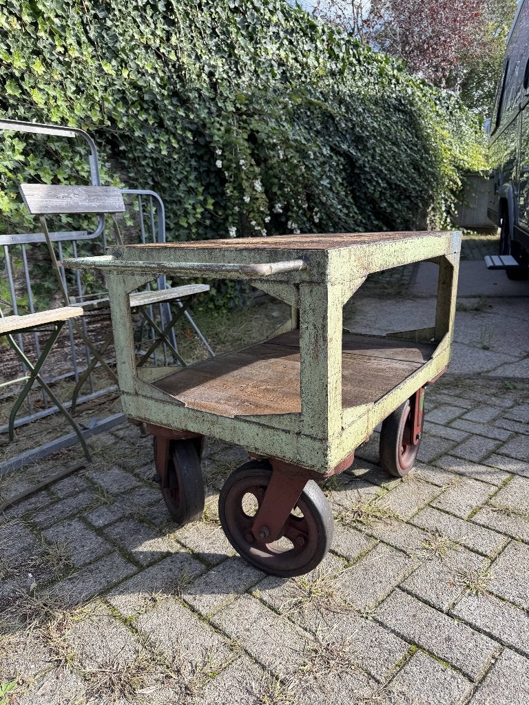vintage industriele patina groene transportkar op 4 wielen, 100 liter of meer, Ophalen, Gebruikt, Transportkar