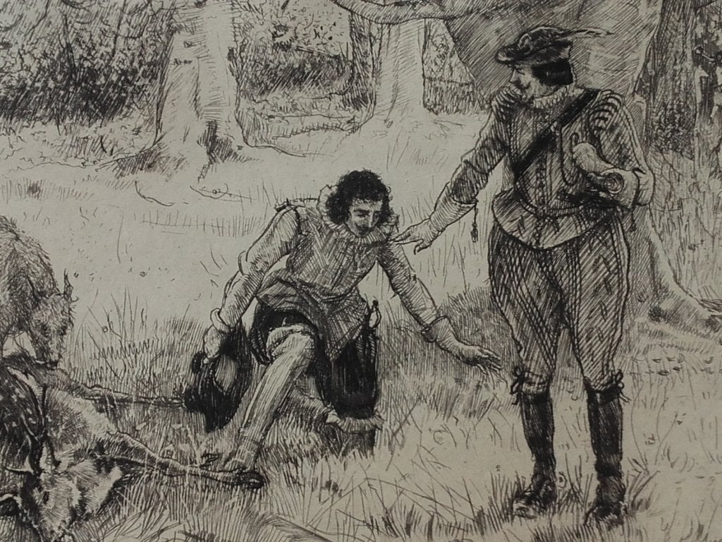 Mooie antieke ets uit Engeland van Nigel and the King., 1800 - 1899, Ets, Ophalen of Verzenden, Landschap