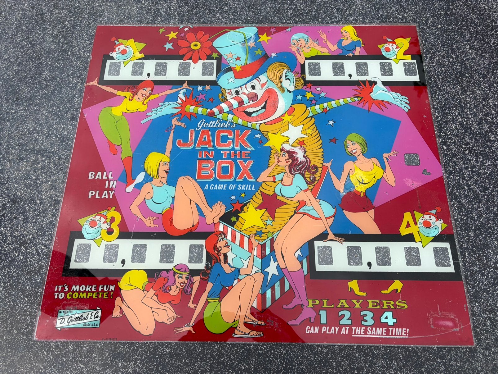 Originele Gottlieb Jack in the Box Backglass (1973) - Glas, Ophalen, Gebruikt, Gottlieb, Overige soorten