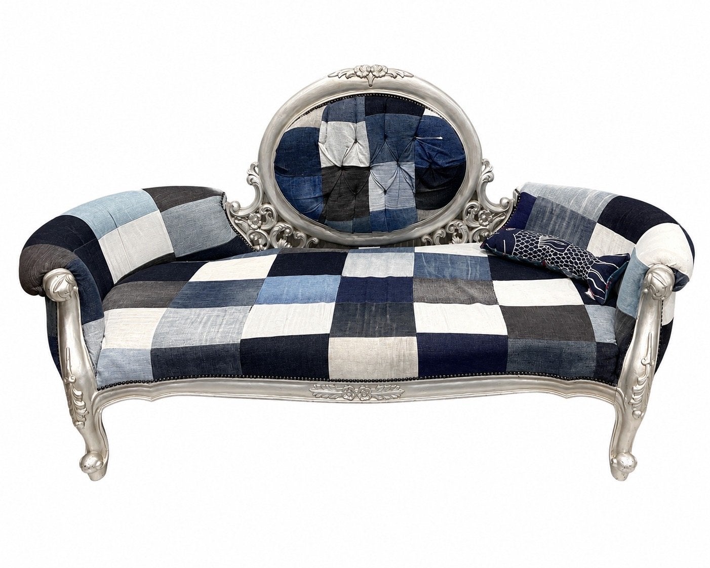 Barokke bank met patchwork denim bekleding, Ophalen, Zo goed als nieuw, Hout