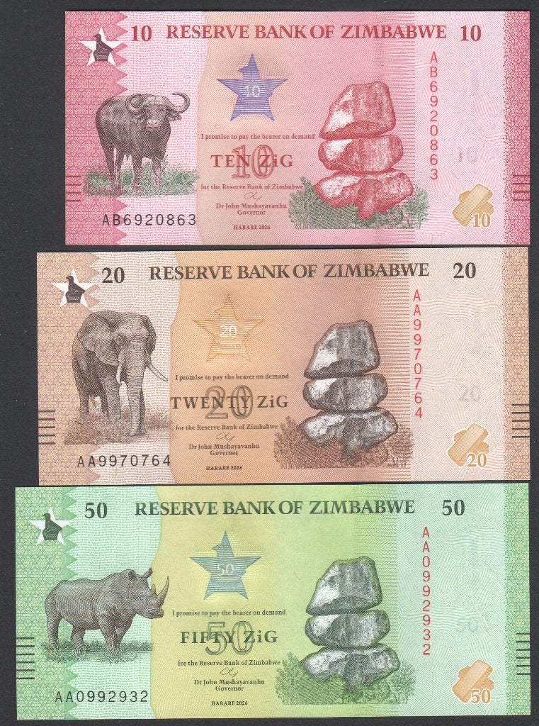 Zimbabwe 10,20 en 50 Zig 2026 Nieuwe set, Verzenden, Zimbabwe, Setje