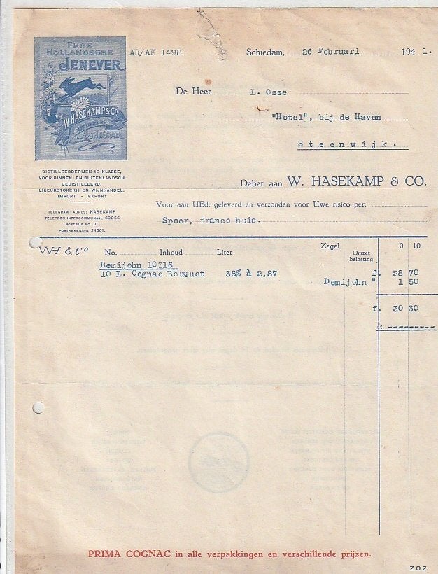 Hasekamp distilleerderij Schiedam factuur 1941, Verzamelen, Merken en Reclamevoorwerpen, Ophalen of Verzenden, Gebruikt, Overige typen