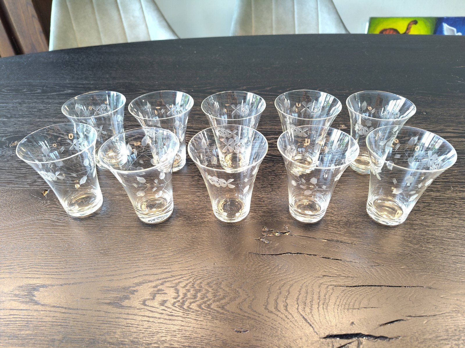 Set van 10 antieke handgegraveerde glazen (150cc), Ophalen of Verzenden
