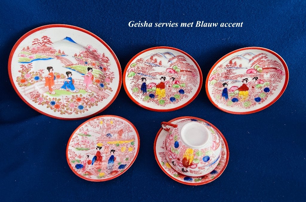 Geisha servies met Blauwe stip Japan Oosters Vintage, Ophalen