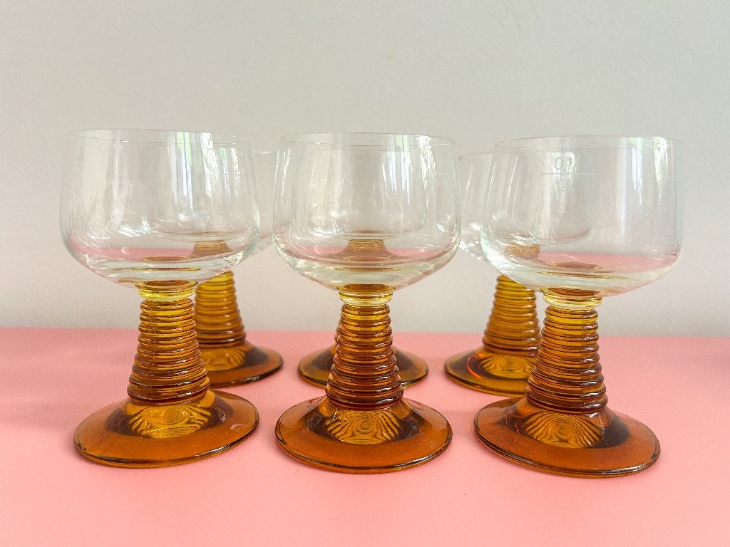 6x vintage roemer wijnglas klein, oranje voet, Ophalen of Verzenden, Zo goed als nieuw, Overige typen