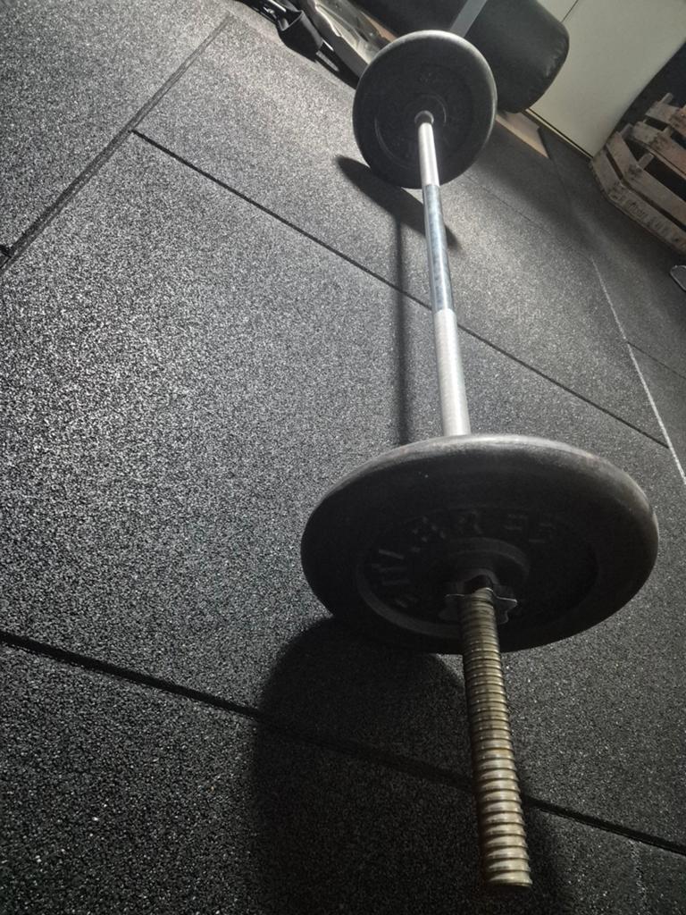 Stang 160cm, ø3 cm en Kettler gietijzeren schijven 2x 15kg, Ophalen