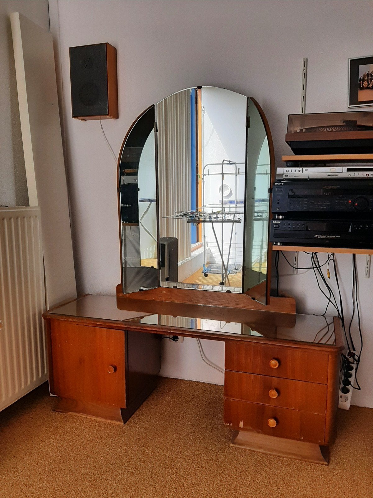 Antieke kaptafel met 3 spiegels en glazen blad, Ophalen, Gebruikt, Hout, Antiek
