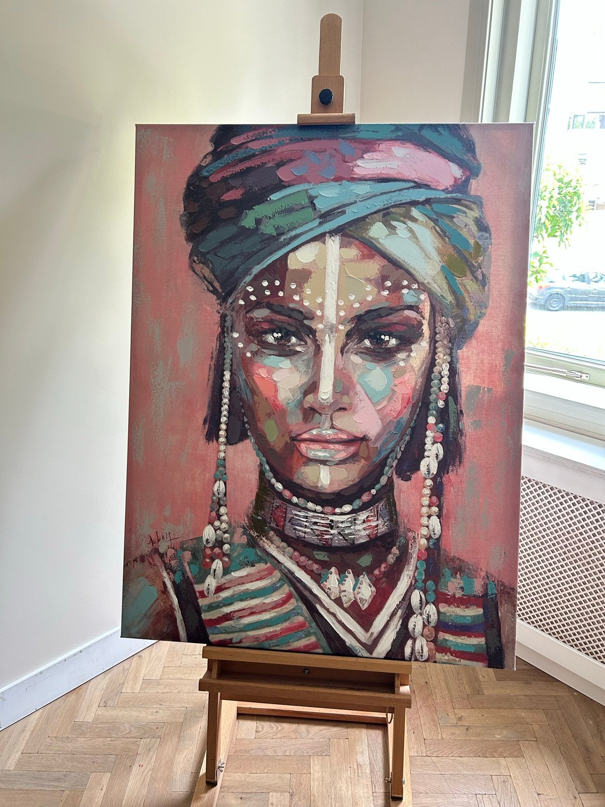 Schilderij 'Exotic Charm' 70x100cm, perfecte staat, Ophalen, Acrylverf, Met textuur, Portret