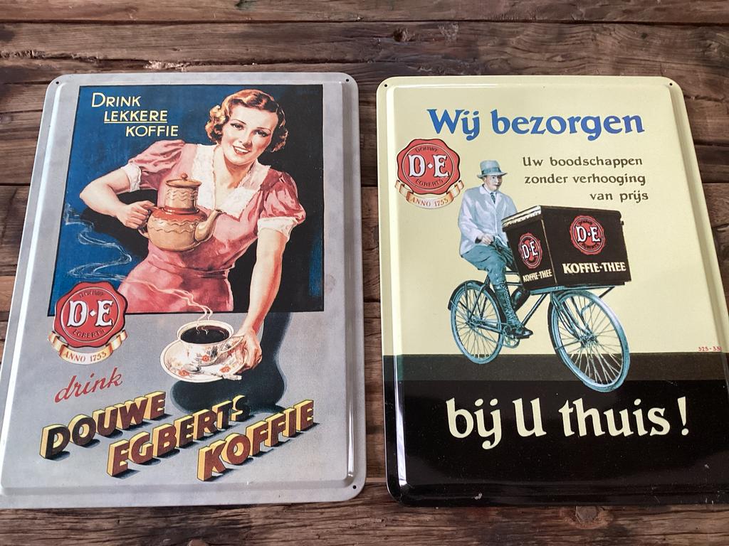 Vintage Douwe Egberts Reclameborden samen 12,50, Ophalen of Verzenden, Gebruikt, Reclamebord